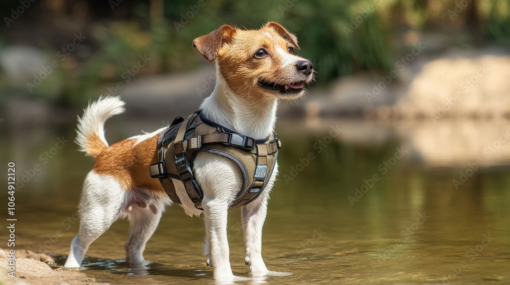 Dog Harness. Active Jack Russell Terrier near Water with Alert Expression Dog Harness. Active Jack Russell Terrier near Water with Alert Expression