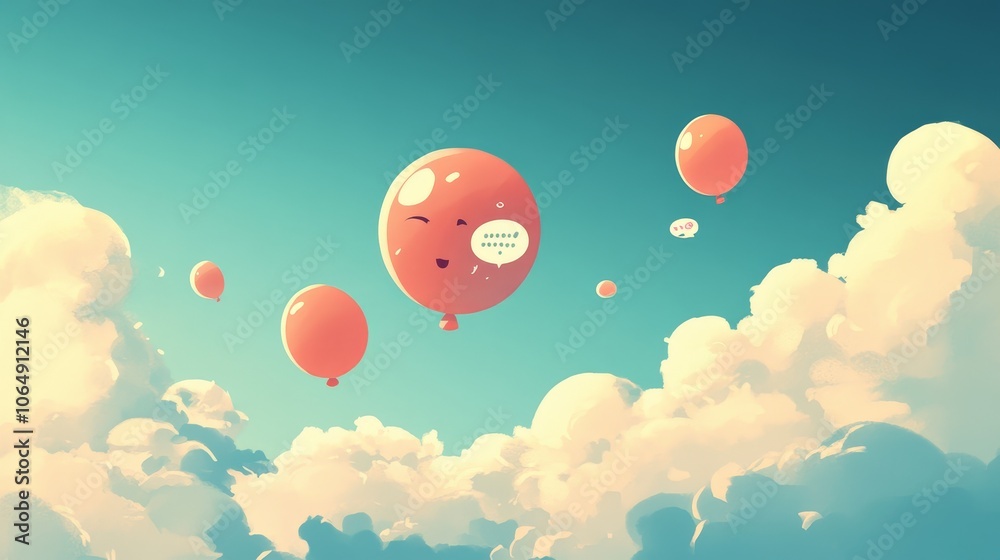 Naklejka premium Chatty cartoon balloons floating in a cloud, conveying dialogue and thoughts.