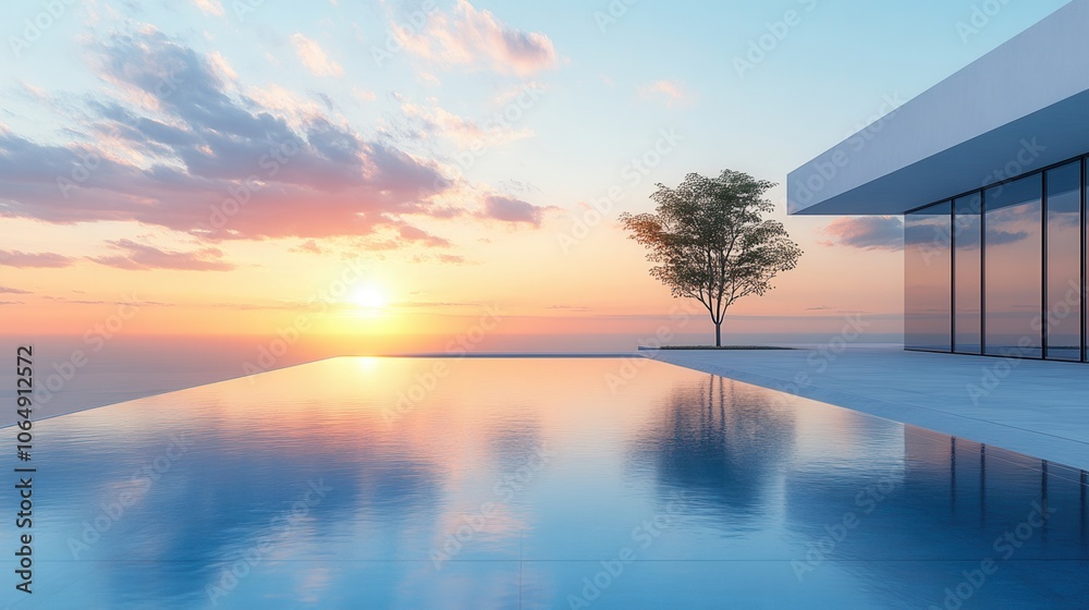 Fototapeta premium Serene sunset view over a modern infinity pool, reflecting sky colors and featuring a tree for a tranquil atmosphere.