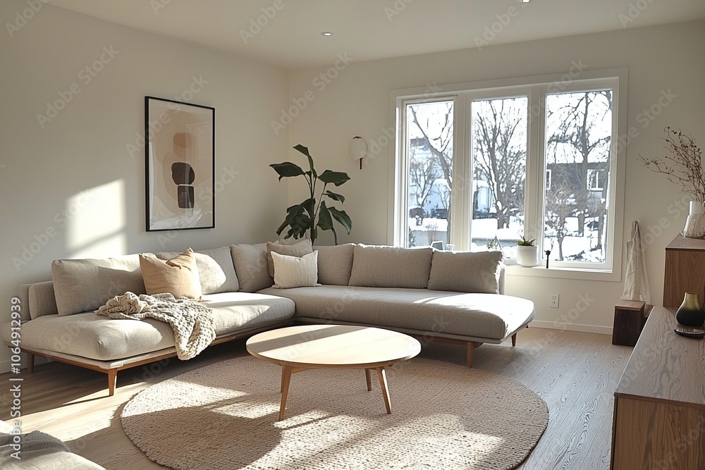 Fototapeta premium A modern Scandinavian interior in the living room with minimalist, comfortable sofas and table views. Generative AI 