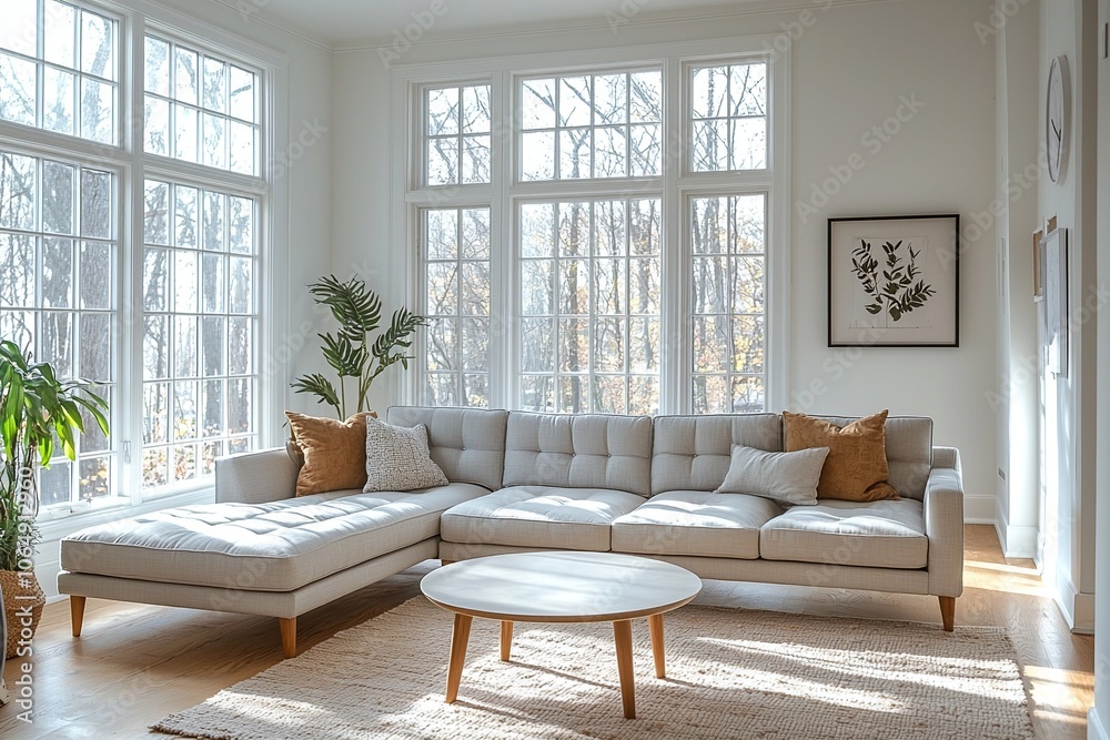 A modern Scandinavian interior in the living room with minimalist, comfortable sofas and table views. Generative AI
A modern Scandinavian interior in the living room with minimalist, comfortable sofas and table views. Generative AI