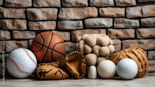 Assorted sports equipment including a basketball, baseballs, golf balls, baseball gloves, and a soft cylindrical object against a stone wall backdrop. photo