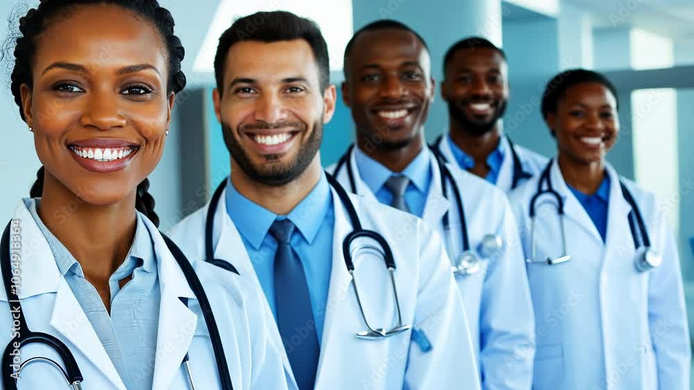 Diverse team of smiling doctors in lab coats, professionals in healthcare setting focused on teamwork and patient care. African American and Hispanic medical staff representing unity and expertise
