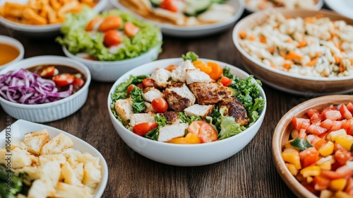 Gourmet Salad Spread: A vibrant and inviting tabletop scene showcasing a diverse selection of gourmet salads, each bursting with fresh ingredients and textures.