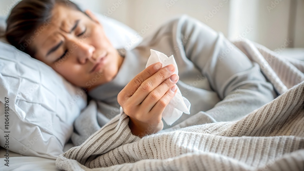 Woman in bed with fever holding tissue feeling ill Woman in bed with fever holding tissue feeling ill