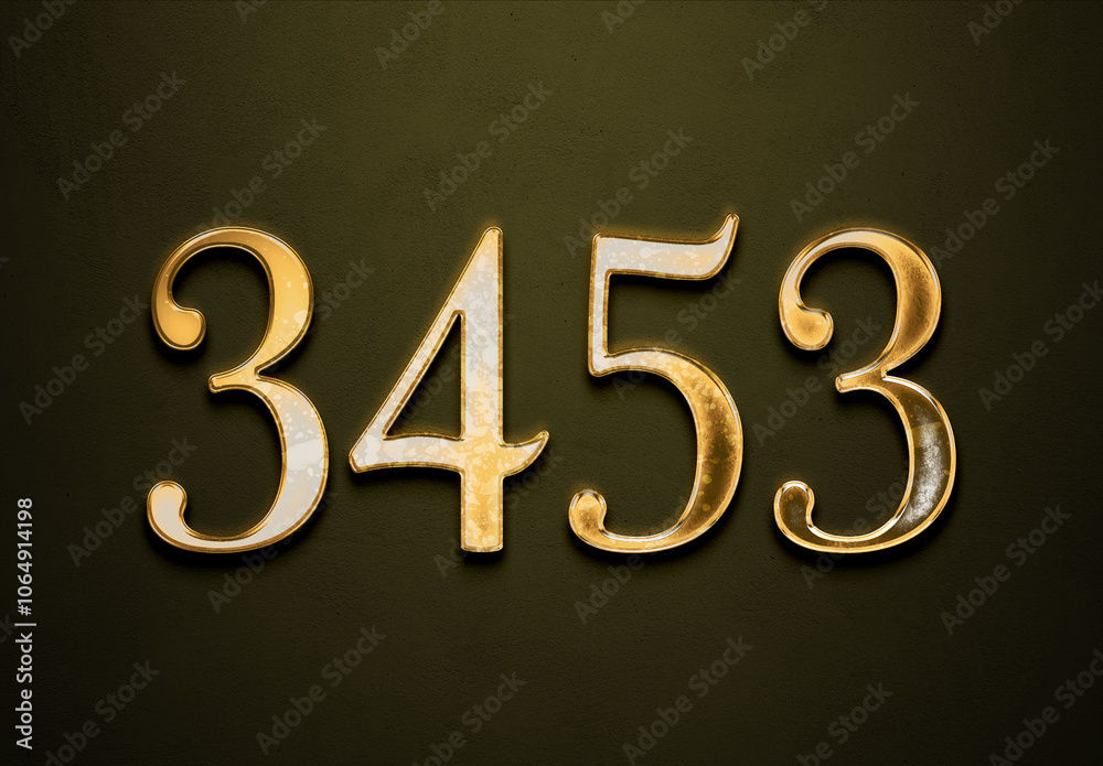 Old gold effect of 3453 number with 3D glossy style Mockup. Old gold effect of 3453 number with 3D glossy style Mockup.