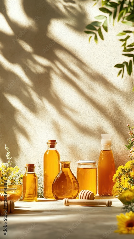 A variety of organic honey products beautifully arranged on a table in natural light