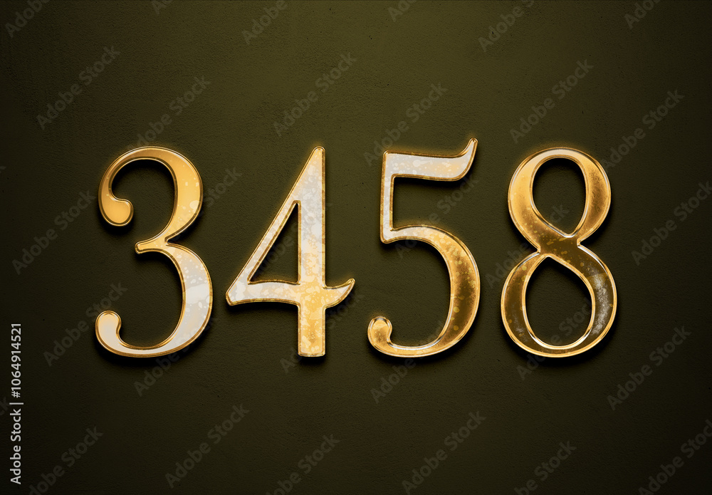 Old gold effect of 3458 number with 3D glossy style Mockup. Old gold effect of 3458 number with 3D glossy style Mockup.