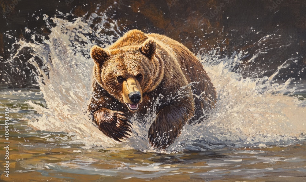 A determined grizzly bear charging through river water, creating dynamic splashes with its powerful movement, highlighting the wild and untamed nature of the beast A determined grizzly bear charging through river water, creating dynamic splashes with its powerful movement, highlighting the wild and untamed nature of the beast
