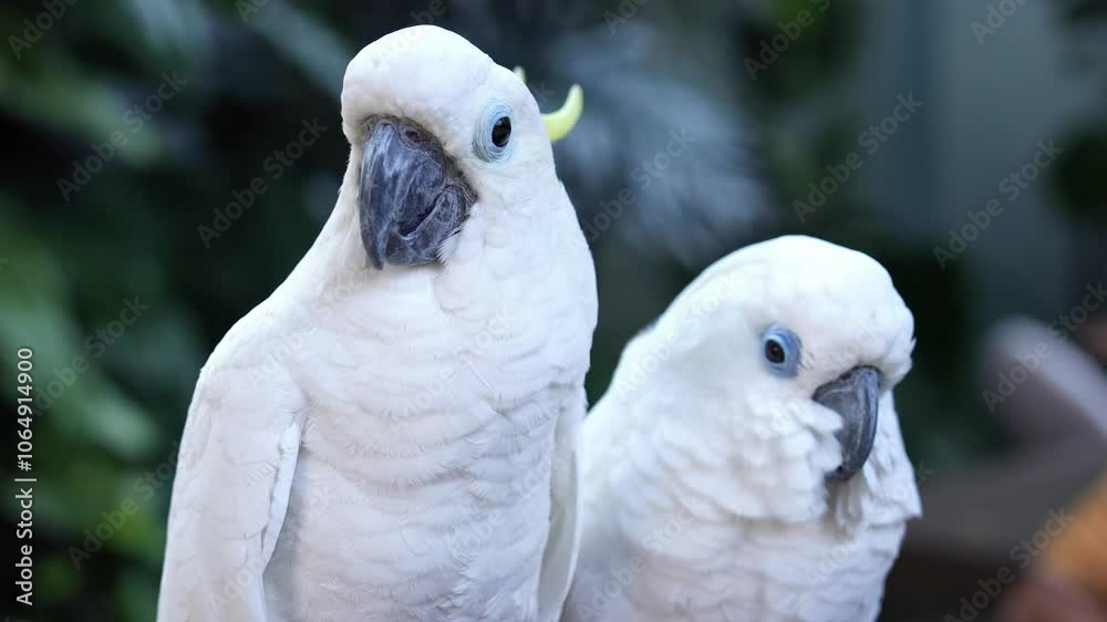 Couple love Yellow crested cockatoo together a medium sized cockatoo with white plumage, bluish white bare orbital skin, gray feet, a black bill, and a retractile yellow or orange crest Couple love Yellow crested cockatoo together a medium sized cockatoo with white plumage, bluish white bare orbital skin, gray feet, a black bill, and a retractile yellow or orange crest