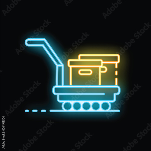 Neon sign of a hand truck carrying cardboard boxes, symbolizing delivery, logistics, and transportation