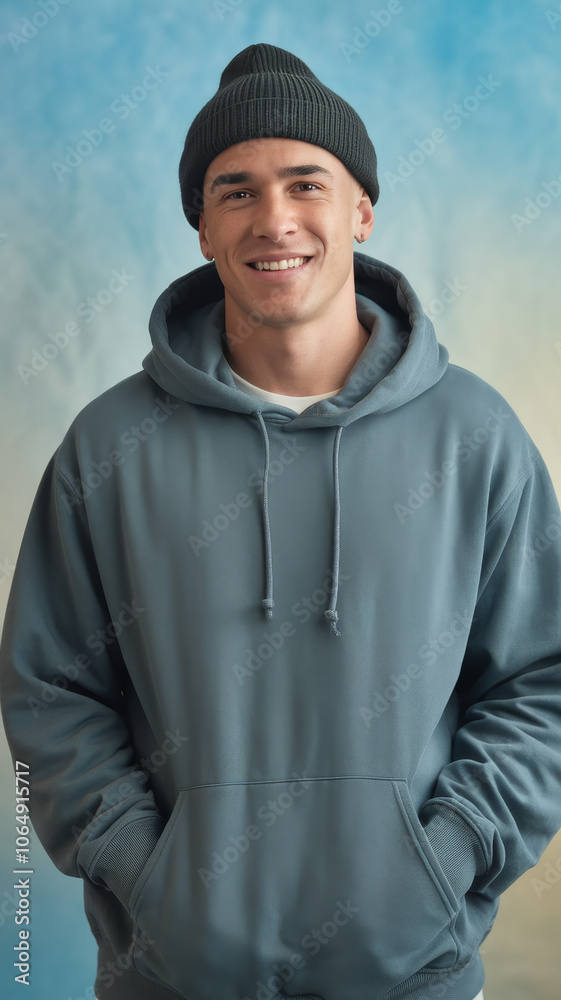 A young Hispanic man in a teal hoodie and beanie smiles warmly at the camera, against a softly blended blue and yellow background, exuding a relaxed and friendly vibe. A young Hispanic man in a teal hoodie and beanie smiles warmly at the camera, against a softly blended blue and yellow background, exuding a relaxed and friendly vibe.