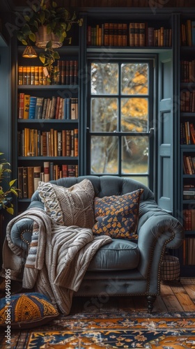 Couch with pillows and a blanket in front of a window