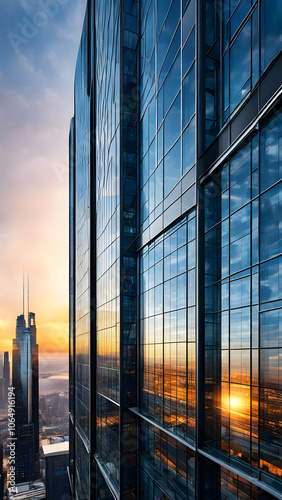 Skyscraper reflecting sunset background. 3d abstract architecture design of modern contemporary luxury building converging glass and steel. Perspective view landscape. Hi-tech sustainable architect