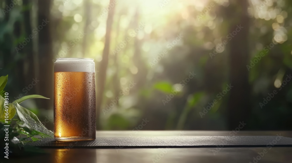 Golden beer glass on a table with lush green leaves, refreshing summer scene refreshing Golden beer glass on a table with lush green leaves, refreshing summer scene refreshing