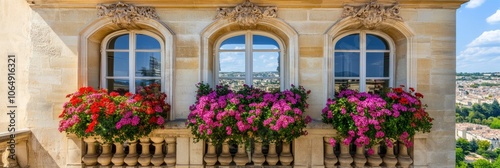 A picturesque view of three window boxes adorned with vibrant flowers.