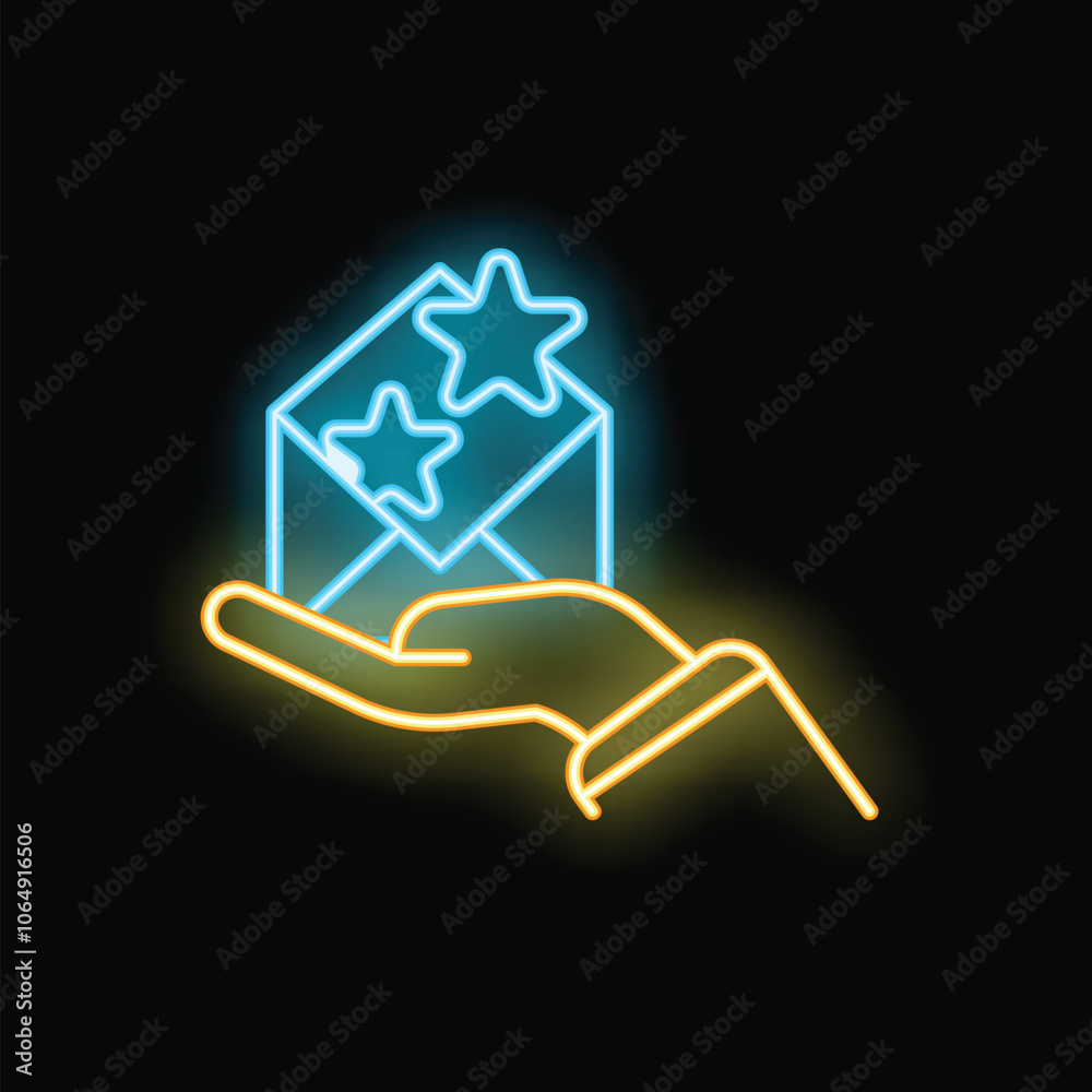 Neon sign illustration of a businessman holding an email with stars, representing positive feedback and customer satisfaction Neon sign illustration of a businessman holding an email with stars, representing positive feedback and customer satisfaction