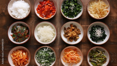 A wooden table with multiple bowls containing diverse foods for a meal or gathering