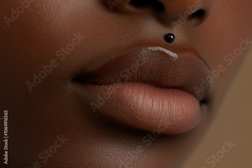 Lip Piercing with Black Stud: A close-up of a lower lip with a single black stud piercing on the side. The lighting is soft, highlighting the stud's matte finish against the skin