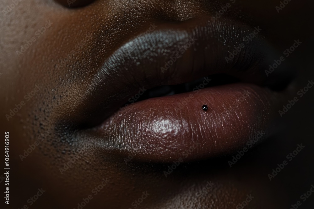 Lip Piercing with Black Stud: A close-up of a lower lip with a single black stud piercing on the side. The lighting is soft, highlighting the stud's matte finish against the skin Lip Piercing with Black Stud: A close-up of a lower lip with a single black stud piercing on the side. The lighting is soft, highlighting the stud's matte finish against the skin