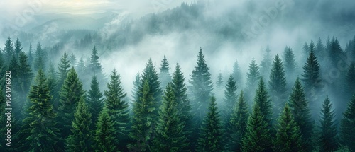 Misty Forest with Tall Pine Trees and Foggy Mountains