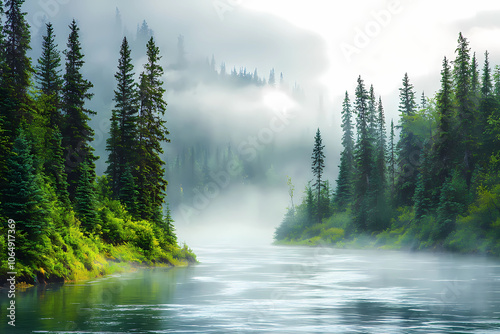 A serene river winding through the misty pine forests