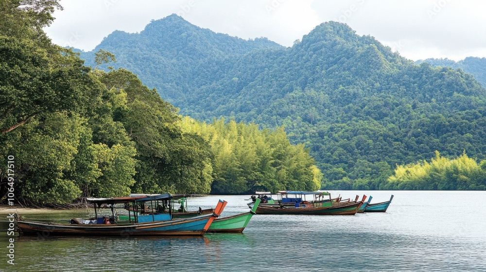 Naklejka premium raditional longtail boats anchored near the shores
