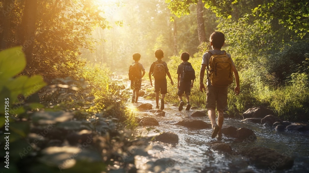 Children with backpacks walking along a sunlit stream in a forest, creating a magical summer adventure scene with golden light filtering through the trees