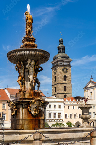 Samson fountain in Ceske Budejovice, South Bohemia photo