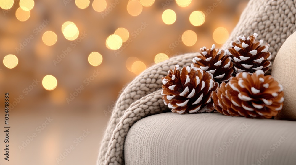 Cozy winter scene with pinecones and warm knitted blanket against bokeh lights, AI Cozy winter scene with pinecones and warm knitted blanket against bokeh lights, AI