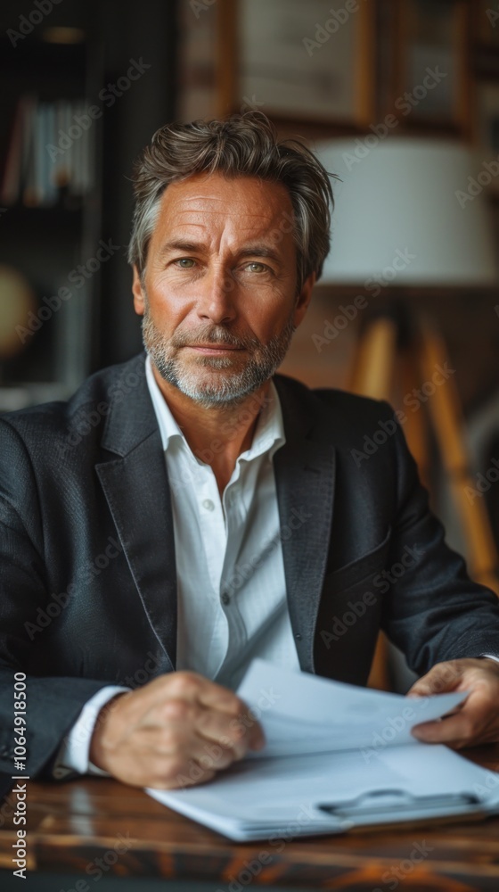 There is a man sitting at a table with papers and a pen There is a man sitting at a table with papers and a pen