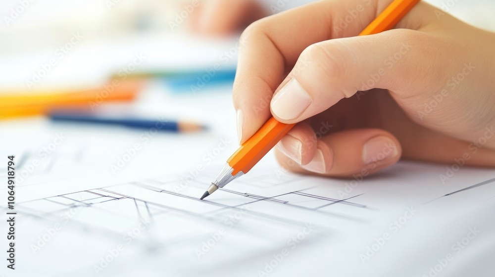 A hand holding a pencil sketches architectural plans on paper with colored pencils nearby. A hand holding a pencil sketches architectural plans on paper with colored pencils nearby.