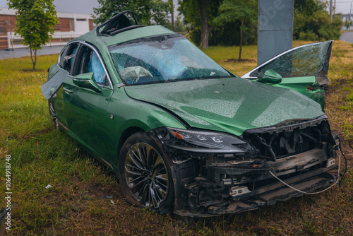 Broken bumper and hood of a car as a result of a collision with a pole, close-up. The car crashed into a lamp post. car accident. 