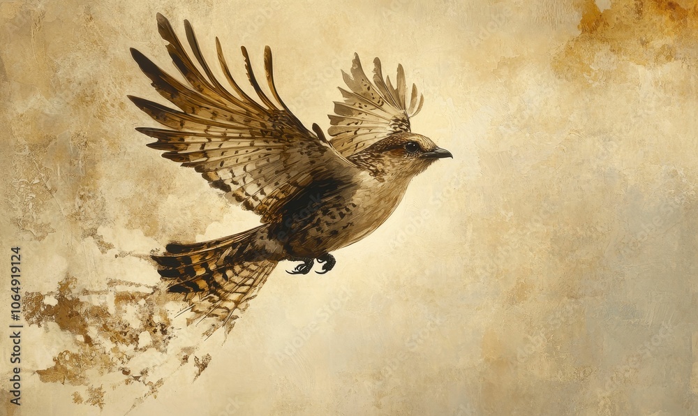 Fototapeta premium Brown bird with spread wings flying against textured beige background.