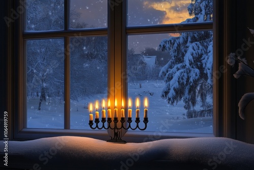 Menorah in Snowy Window: A cozy winter scene with a menorah placed in a snow-covered windowsill, all candles lit and glowing warmly against the cold, snowy landscape outside.Menorah in Snowy Window: A photo