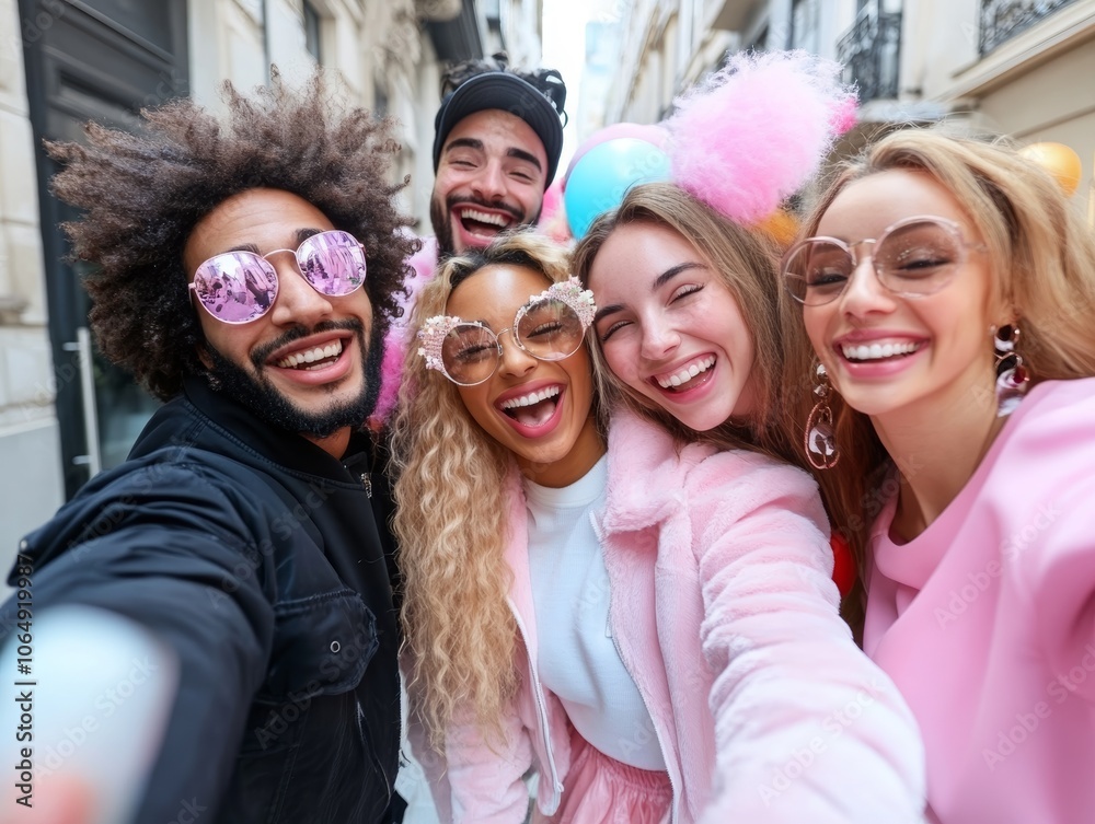 group of young people in bright colors wearing festive details taking a selfie in the street group of young people in bright colors wearing festive details taking a selfie in the street