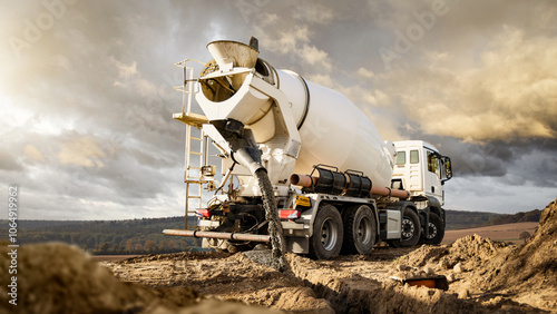 Concrete Mixer Truck Pouring Concrete on a Construction Site