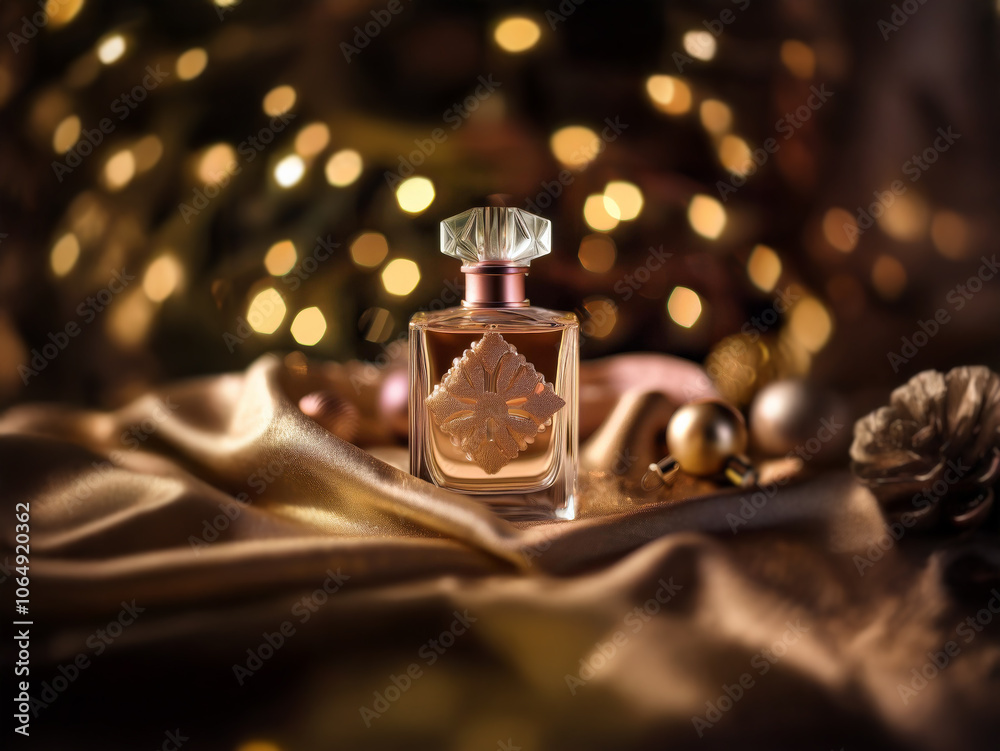 A glass bottle of perfume rests on a golden silky fabric, surrounded by festive ornaments and a bokeh of warm lights. A glass bottle of perfume rests on a golden silky fabric, surrounded by festive ornaments and a bokeh of warm lights.