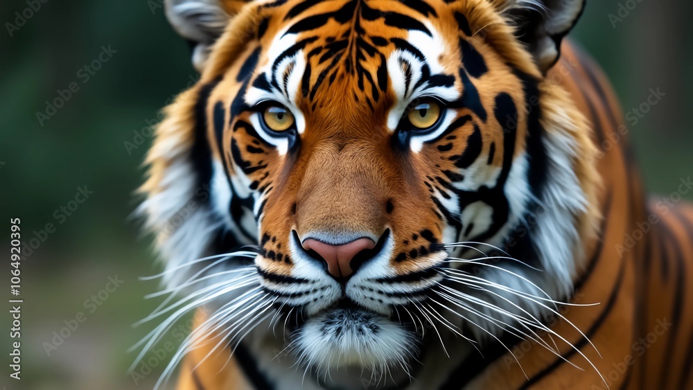 A close-up shot of a tiger’s face with its piercing amber eyes and intricate patterns of its fur A close-up shot of a tiger’s face with its piercing amber eyes and intricate patterns of its fur
