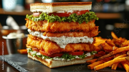 A detailed shot of a towering double-decker fish sandwich with tartar sauce, lettuce, and tomatoes, presented on a slate plate, surrounded by sweet potato fries in a seaside bistro. photo