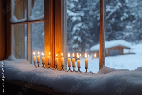 Menorah in Snowy Window: A cozy winter scene with a menorah placed in a snow-covered windowsill, all candles lit and glowing warmly against the cold, snowy landscape outside.Menorah in Snowy Window: A photo