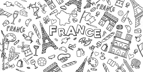 horizontal France doodles, clip art, cartoon decorative elements collection set icon. vector illustration