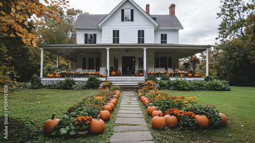 A lovely farmhouse with a large porch adorned with pumpkins and fall flowers for Thanksgiving.A lovely farmhouse with a large porch adorned with pumpkins and fall flowers for Thanksgiving.