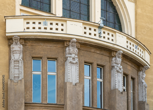 Beautiful statues in Art Nouveau style. Libenska sokolovna in Prague