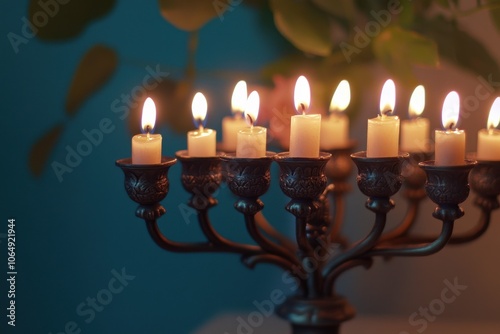 Menorah Lit with All Candles: A close-up shot of a beautifully designed menorah with all nine candles lit, their flames glowing warmly in a dimly lit room, with soft shadows cast on the wall behind photo