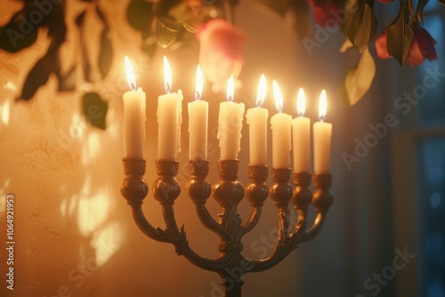 Menorah Lit with All Candles: A close-up shot of a beautifully designed menorah with all nine candles lit, their flames glowing warmly in a dimly lit room, with soft shadows cast on the wall behind photo