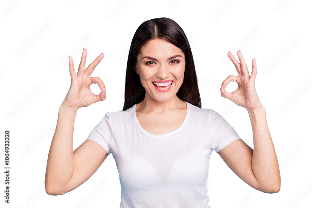 Photo of overjoyed excited ecstatic cheerful girlfriend rejoicing with something showing two ok signs at once while isolated with blue background Photo of overjoyed excited ecstatic cheerful girlfriend rejoicing with something showing two ok signs at once while isolated with blue background