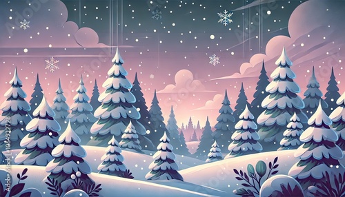 : A serene winter landscape with pine trees blanketed in snow during twilight.