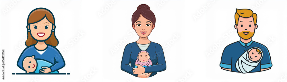 Three cartoon illustrations of people holding babies. Three cartoon illustrations of people holding babies.