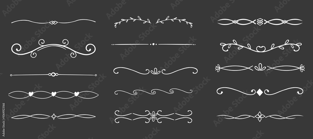 Swirl line chalk divider, doodle decorative fancy ornament border, simple hand drawn frame. Retro curve set flourish thin decorations.